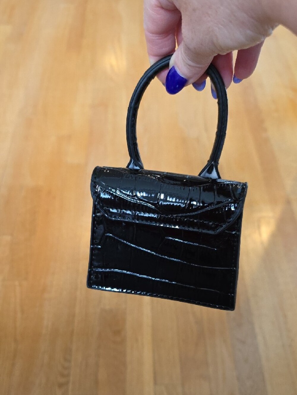 NWOT Black Croc-Embossed Patent Top-Handle Mini Bag - Picture 3 of 8